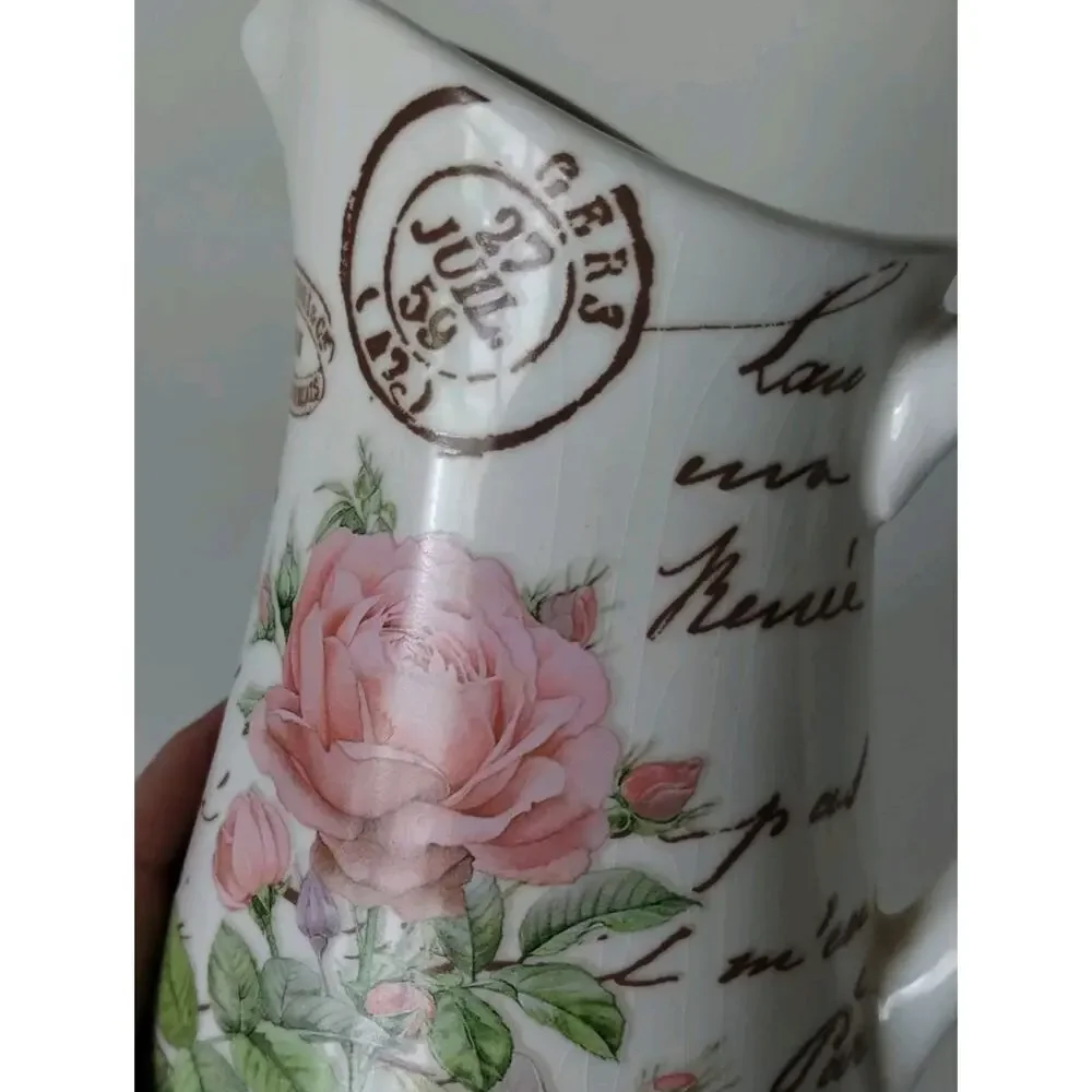 Teleflora Paris Rose Ceramic Pitcher Vase French Script Floral Shabby Chic